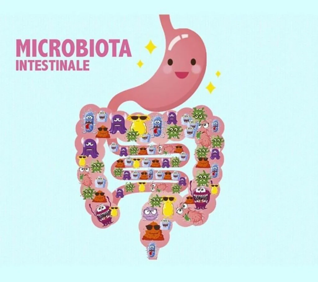 Disegno a fumetto dell'intestino con i batteri del microbiota intestinale