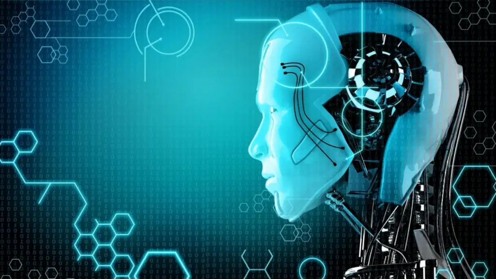 Testa di un robot con sembianze umane vista di profilo