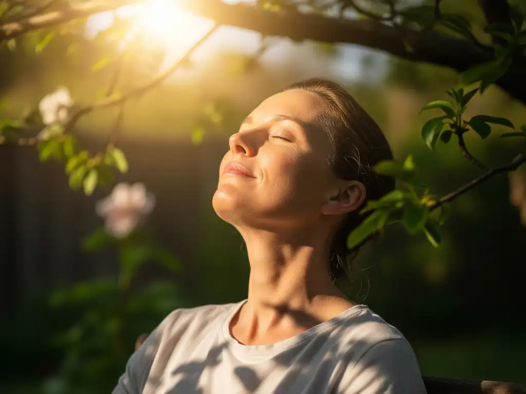 Osteoporosi e vitamina D: Volto di donna illuminato dai raggi del sole.
