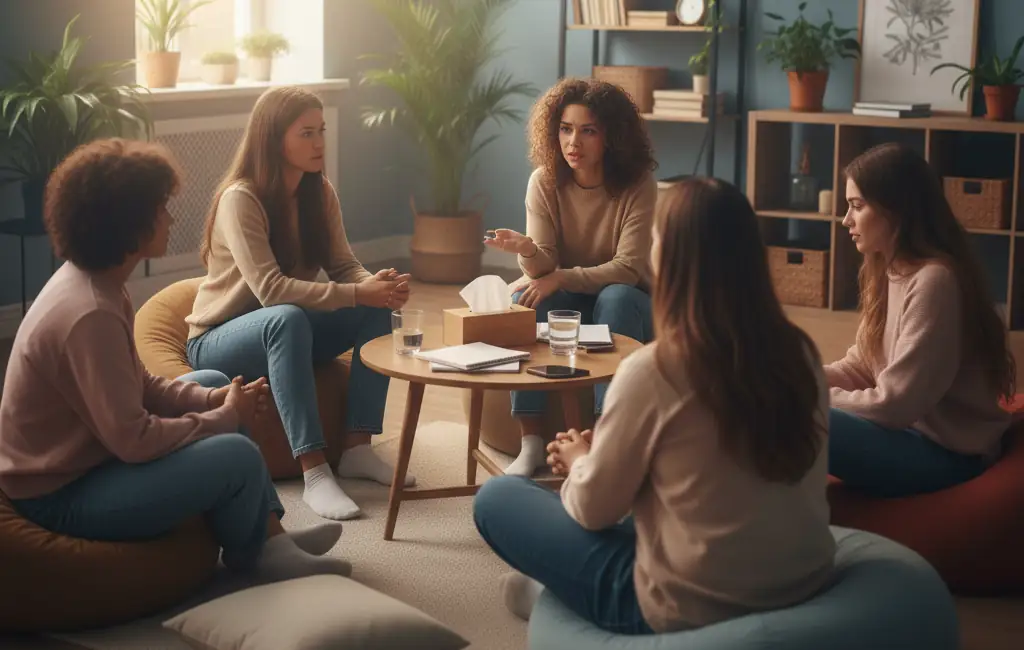 psicoloncologia Gruppo di psiconcologia di ragazze che discutono sedute intorno a un tavolo