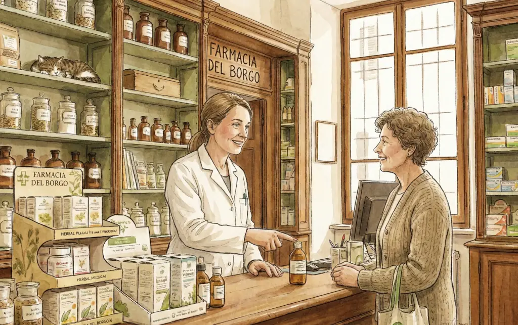 Assistenza sanitaria di prossimità: farmacista al banco mentre serve una cliente