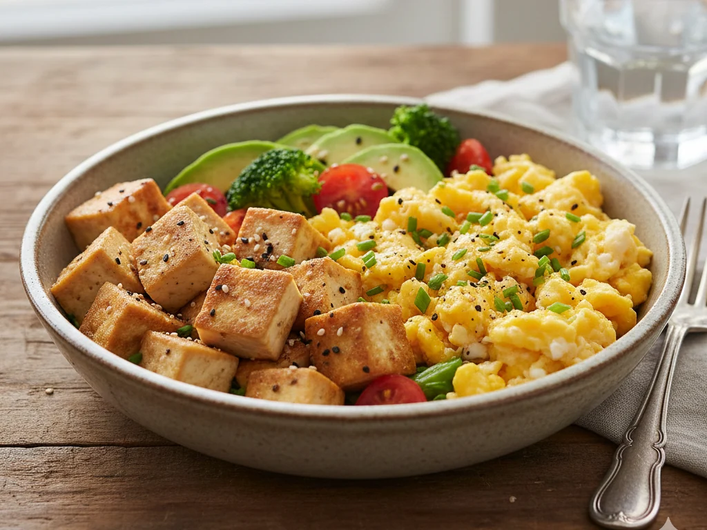 piatto con tofu e uova con verdure