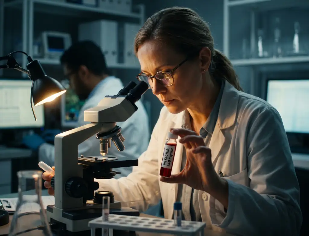 Ricercatrice analizza al microscopio un campione di sangue per lo studio del fattore rh
