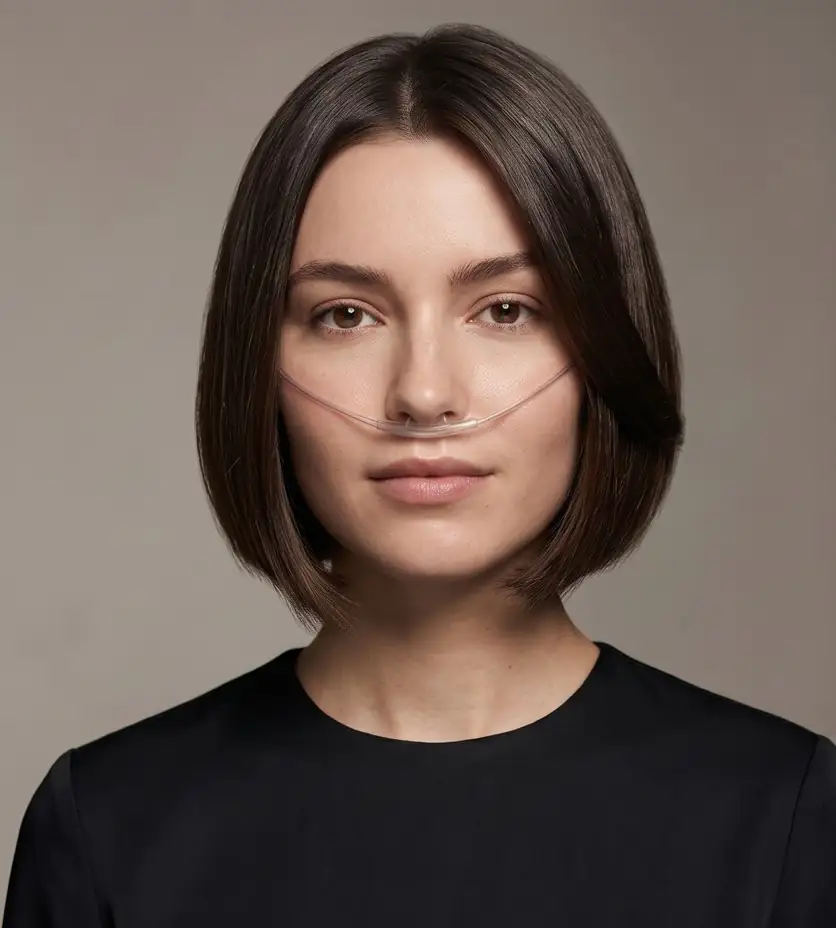 Ragazza con le cannule nasali per l'ossigeno.